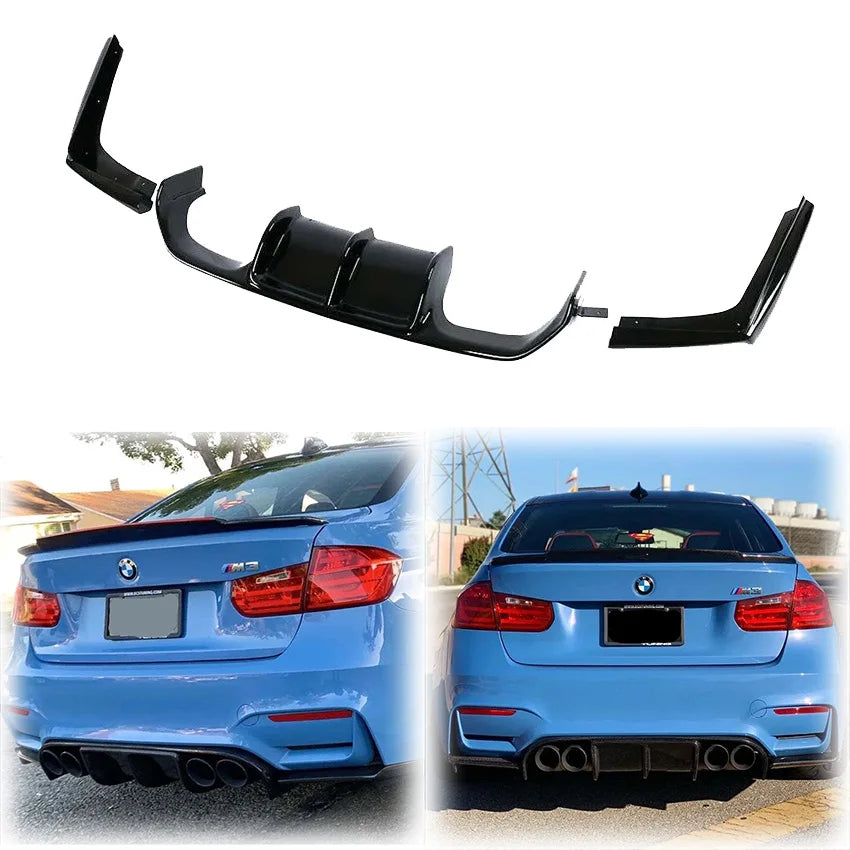 3X 2013 to 2018 for BMW 3 Series F30 Dedicated M3 Style Rear Bumper Lip Led Brake Light Diffuser Glossy Black Carbon Fiber Look